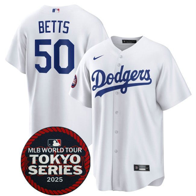 Men's White Los Angeles Dodgers #50 Mookie Betts 2025 World Tour: Tokyo Series Home Stitched Baseball Jersey